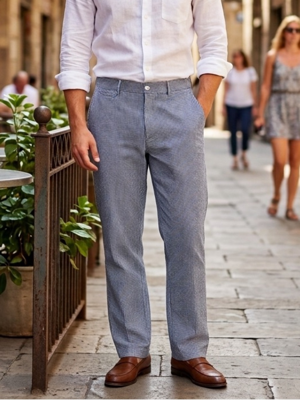 NWT Goodfellow & Co Men Pants M Navy Striped Straight Fit Elastic Waist Cotton